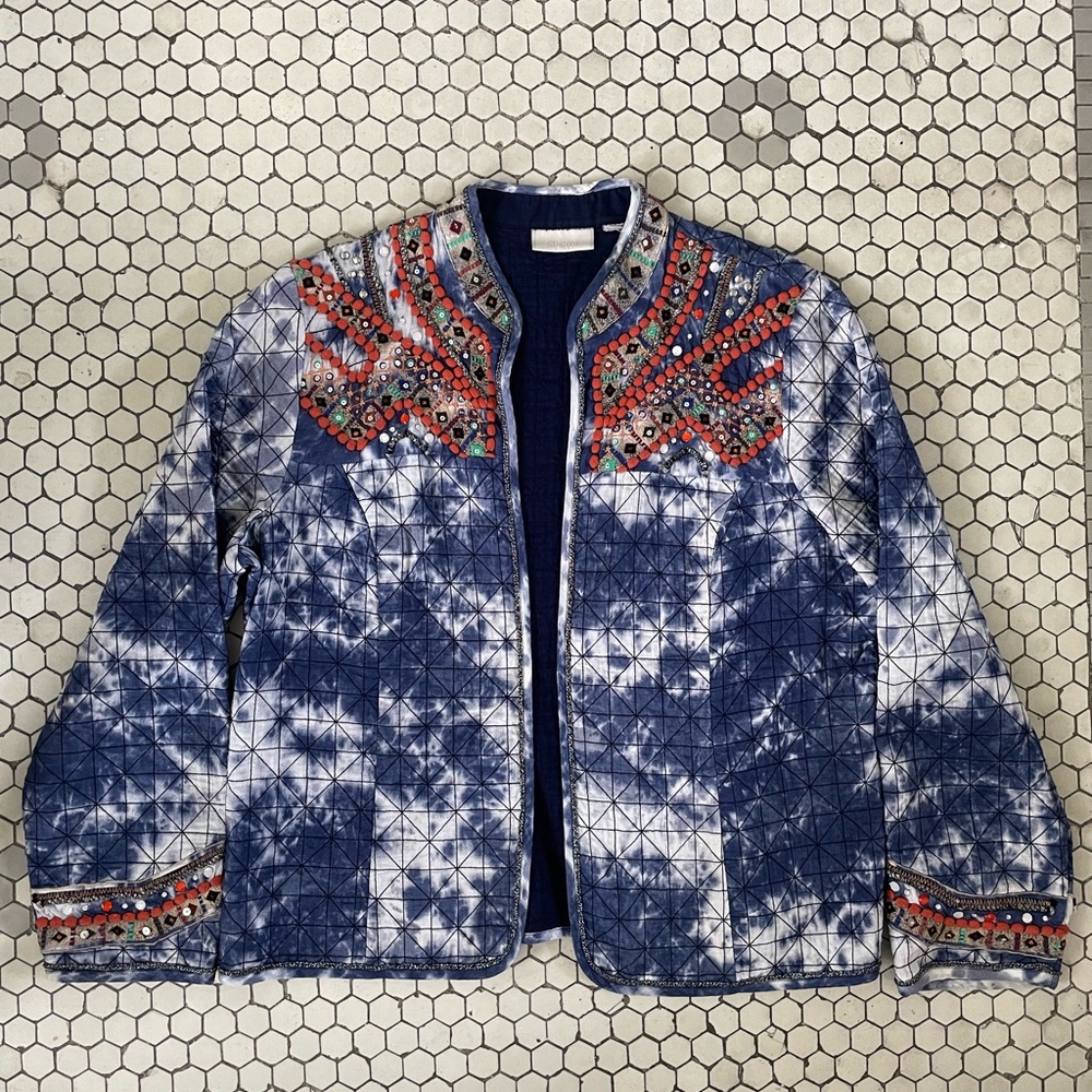 Chicos Jacket Large 2 Tie Dye Boho Open Front Western Funky Pom Pom Embellished
